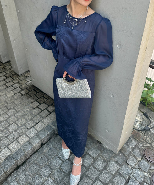 ジャガードシアースリーブロングドレス ロングワンピース パーティードレス 結婚式 お呼ばれ オケージョンドレス | MD2265115 | ネイビー