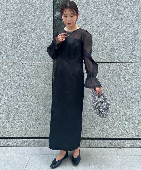 ジャガードシアースリーブロングドレス ロングワンピース パーティードレス 結婚式 お呼ばれ オケージョンドレス | MD2265115 | ブラック