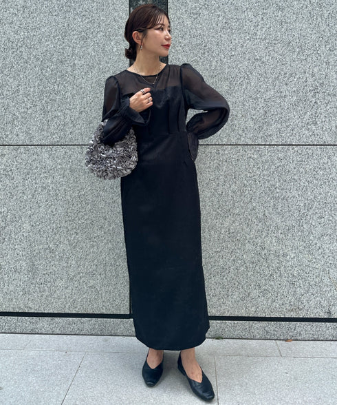 ジャガードシアースリーブロングドレス ロングワンピース パーティードレス 結婚式 お呼ばれ オケージョンドレス | MD2265115 | ブラック