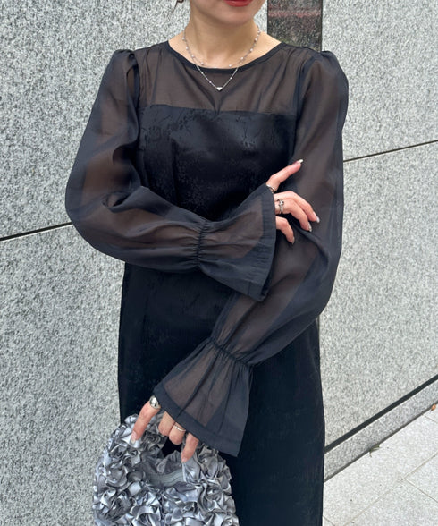 ジャガードシアースリーブロングドレス ロングワンピース パーティードレス 結婚式 お呼ばれ オケージョンドレス | MD2265115 | ブラック