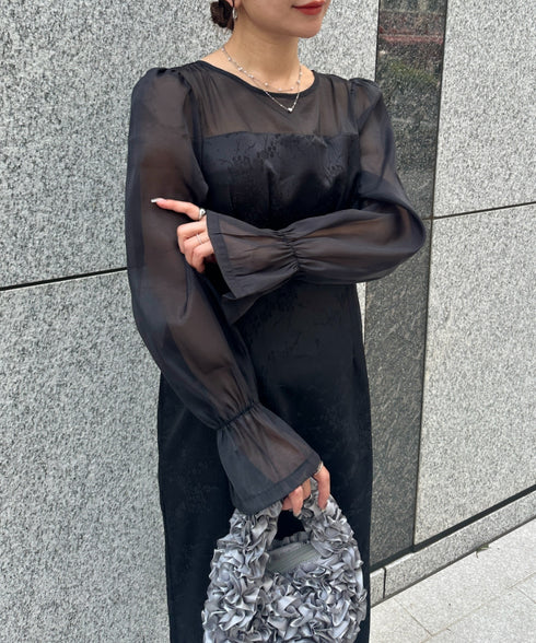 ジャガードシアースリーブロングドレス ロングワンピース パーティードレス 結婚式 お呼ばれ オケージョンドレス | MD2265115 | ブラック