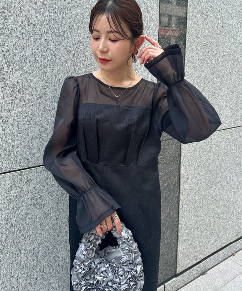 ジャガードシアースリーブロングドレス ロングワンピース パーティードレス 結婚式 お呼ばれ オケージョンドレス | MD2265115 | ブラック