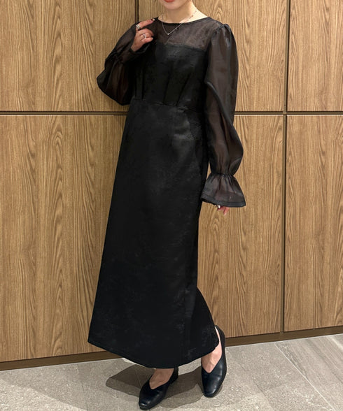 ジャガードシアースリーブロングドレス ロングワンピース パーティードレス 結婚式 お呼ばれ オケージョンドレス | MD2265115 | ブラック
