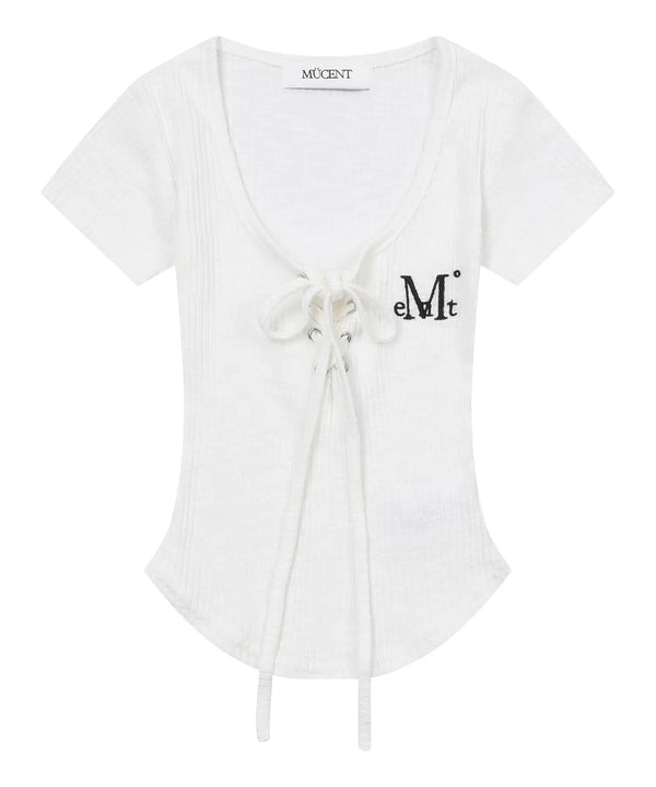 MUCENT(ムセント)/サロン アイレット レースアップ スリムフィット クロップド Tシャツ 半袖 /SARON EYELET LACE-UP SLIM FIT HALF T | AT2262079 | ホワイト