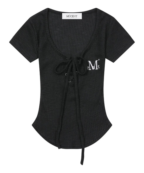 MUCENT(ムセント)/サロン アイレット レースアップ スリムフィット クロップド Tシャツ 半袖 /SARON EYELET LACE-UP SLIM FIT HALF T | AT2262079 | ブラック