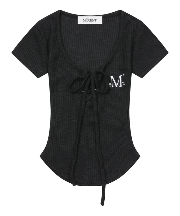 MUCENT(ムセント)/サロン アイレット レースアップ スリムフィット クロップド Tシャツ 半袖 /SARON EYELET LACE-UP SLIM FIT HALF T | AT2262079 | ブラック