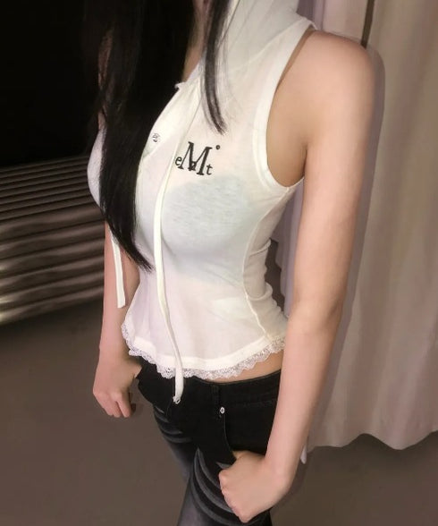MUCENT(ムセント)/アセン レース スリムフィット フード スリーブレス タンクトップ/ASEN LACE SLIM HOOD SLEEVELESS | AT2262081 | ホワイト