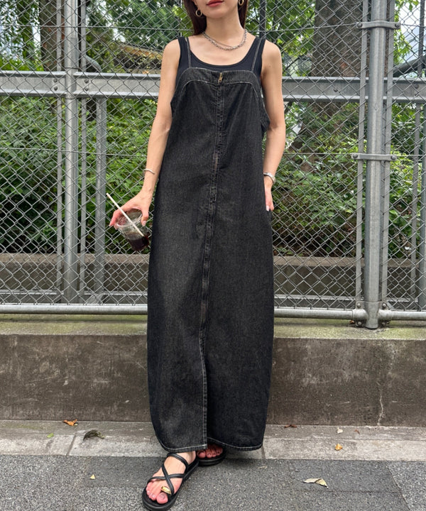 高身長さんも嬉しい♪LONGサイズ展開有 フロントジップデニムロングジャンパースカート デニムジャンスカ | MD2262063 | ブラック