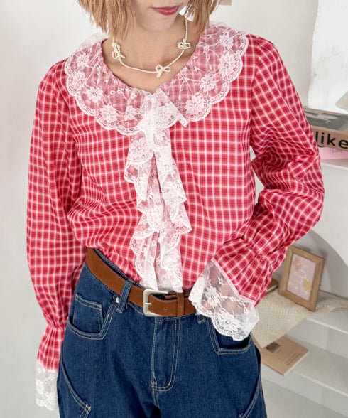 レースフリルレトロチェックブラウス | SL2263013 | レッド