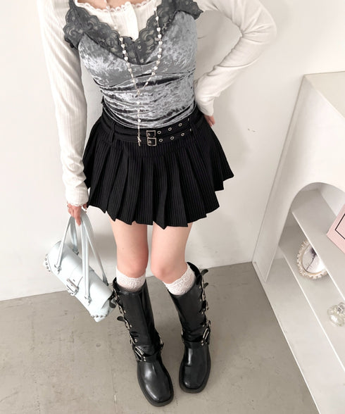 【無地/ピンストライプ】ダブルベルトプリーツミニスカパン | LO2266005 | ブラック系その他