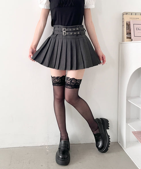 【無地/ピンストライプ】ダブルベルトプリーツミニスカパン | LO2266005 | グレー系その他