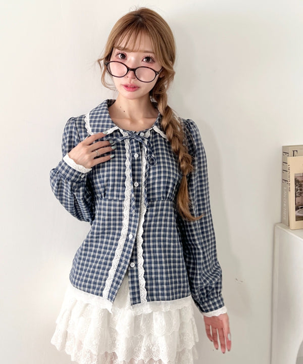 ロングスリーブチェックレースブラウス | LO2263007 | ネイビー