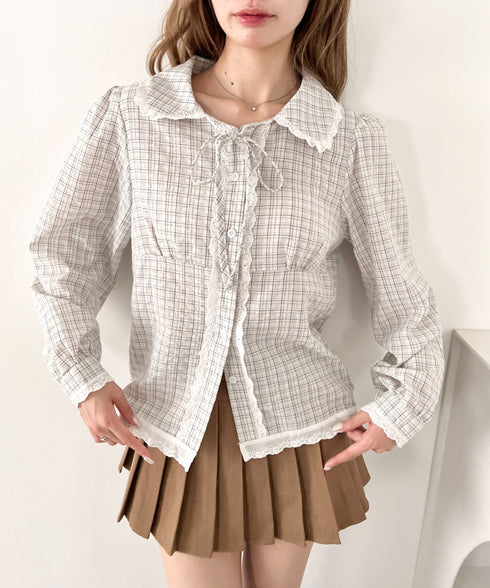 ロングスリーブチェックレースブラウス | LO2263007 | アイボリー