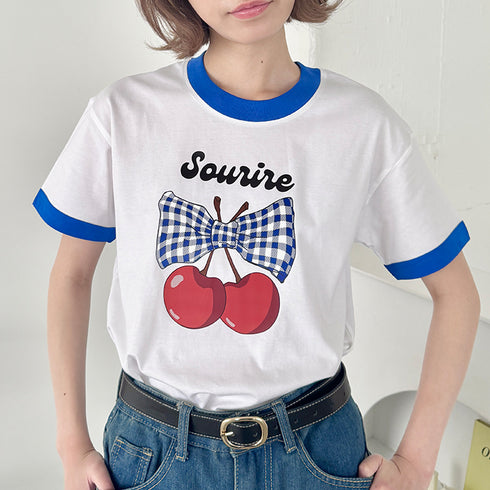 チェリーリボン半袖リンガーTシャツ | SL2252019 | ブルー