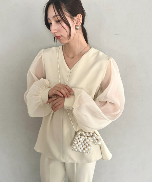 前後２WAY 袖オーガンジーパフスリーブタック入りフレアトップス スリムテーパードパンツセット フォーマルスーツセット オケージョン パンツドレス 結婚式 お呼ばれ 二次会 ドレス | MD2266012 | アイボリー