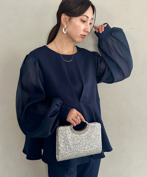 前後２WAY 袖オーガンジーパフスリーブタック入りフレアトップス スリムテーパードパンツセット フォーマルスーツセット オケージョン パンツドレス 結婚式 お呼ばれ 二次会 ドレス | MD2266012 | ネイビー