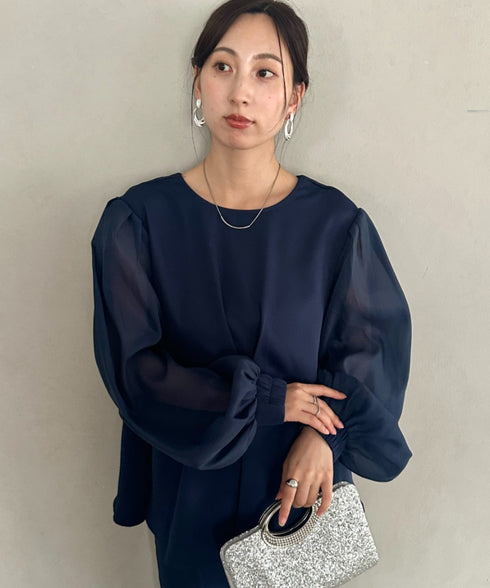 前後２WAY 袖オーガンジーパフスリーブタック入りフレアトップス スリムテーパードパンツセット フォーマルスーツセット オケージョン パンツドレス 結婚式 お呼ばれ 二次会 ドレス | MD2266012 | ネイビー