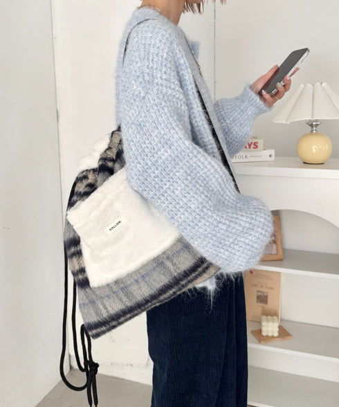 【A4収納】フェイクファー2WAYチェックナップサック | SL1264004 | ブルー