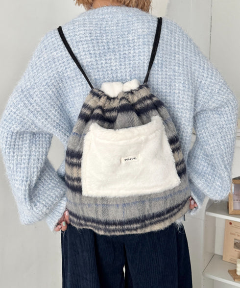 【A4収納】フェイクファー2WAYチェックナップサック | SL1264004 | ブルー