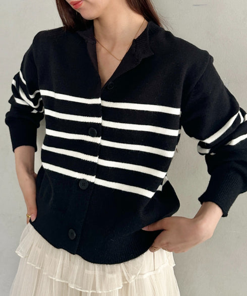 前ボタンショートニットボーダーカーディガン | MD2266042 | ブラック