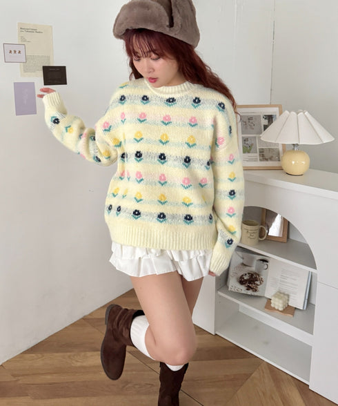 カラフルフラワージャガードニットプルオーバー | SL2264038 | アイボリー
