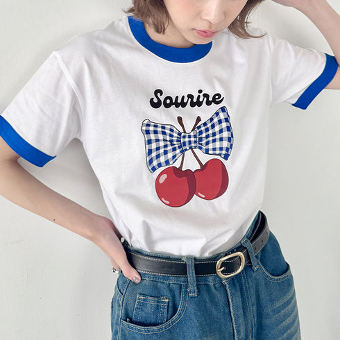 チェリーリボン半袖リンガーTシャツ | SL2252019 | ブルー