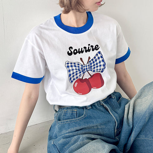 チェリーリボン半袖リンガーTシャツ | SL2252019 | ブルー