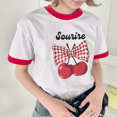 チェリーリボン半袖リンガーTシャツ | SL2252019 | レッド