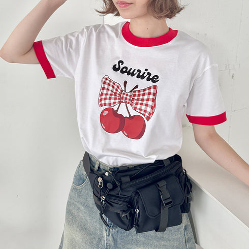 チェリーリボン半袖リンガーTシャツ | SL2252019 | レッド