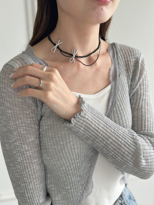 ポイントリボンビーズチョーカーネックレス-point ribbon beads choker necklace- | SW4241512 | ブラック