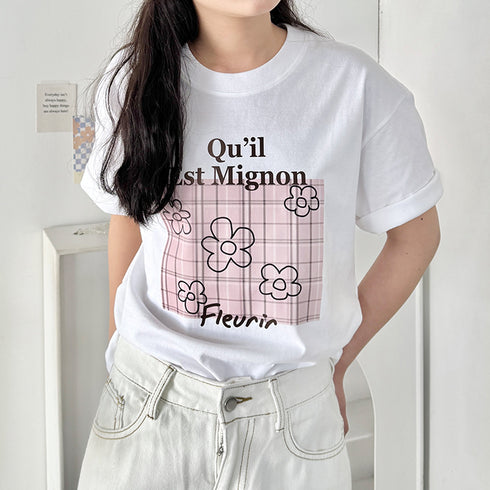 チェックボックスロゴプリント半袖Tシャツ | SL2262007 | ピンク