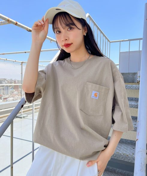 Carhartt(カーハート) /USA規格 ヘビーウェイト ルーズフィット ポケT ビッグサイズ オーバーサイズ ユニセックス ポケット付き コットン 半袖 Tシャツ 5部袖 1/2スリーブ | L2202001 | ベージュ