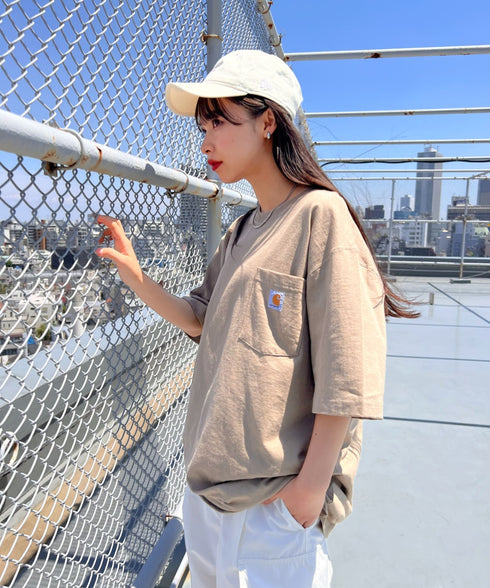 Carhartt(カーハート) /USA規格 ヘビーウェイト ルーズフィット ポケT ビッグサイズ オーバーサイズ ユニセックス ポケット付き コットン 半袖 Tシャツ 5部袖 1/2スリーブ | L2202001 | ベージュ