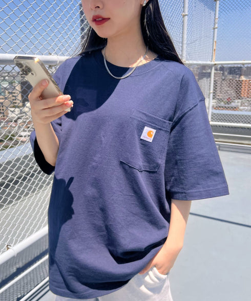 Carhartt(カーハート) /USA規格 ヘビーウェイト ルーズフィット ポケT ビッグサイズ オーバーサイズ ユニセックス ポケット付き コットン 半袖 Tシャツ 5部袖 1/2スリーブ | L2202001 | ネイビー