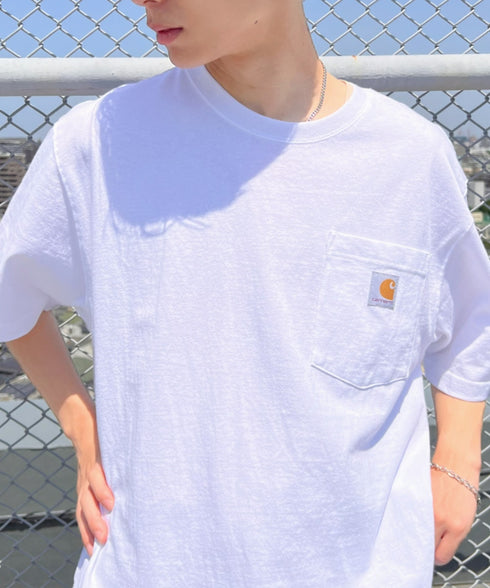 Carhartt(カーハート) /USA規格 ヘビーウェイト ルーズフィット ポケT ビッグサイズ オーバーサイズ ユニセックス ポケット付き コットン 半袖 Tシャツ 5部袖 1/2スリーブ | L2202001 | ホワイト