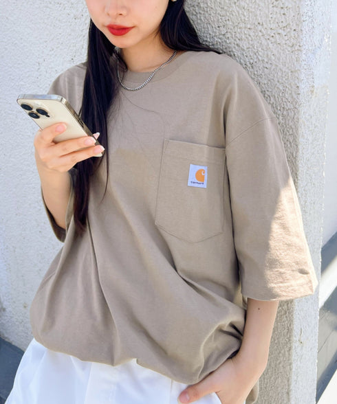 Carhartt(カーハート) /USA規格 ヘビーウェイト ルーズフィット ポケT ビッグサイズ オーバーサイズ ユニセックス ポケット付き コットン 半袖 Tシャツ 5部袖 1/2スリーブ | L2202001 | ベージュ
