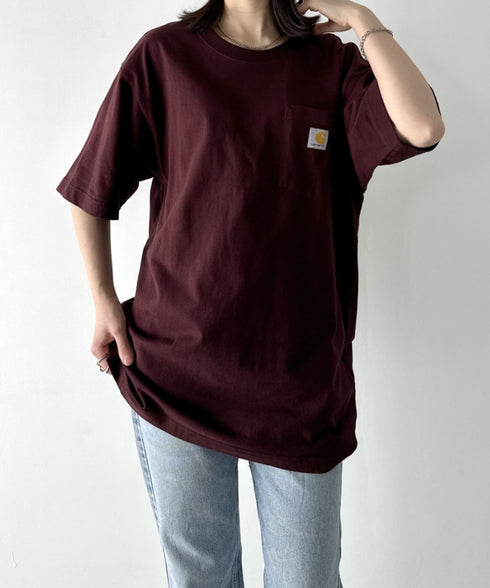 Carhartt(カーハート) /USA規格 ヘビーウェイト ルーズフィット ポケT ビッグサイズ オーバーサイズ ユニセックス ポケット付き コットン 半袖 Tシャツ 5部袖 1/2スリーブ | L2202001 | ワインレッド