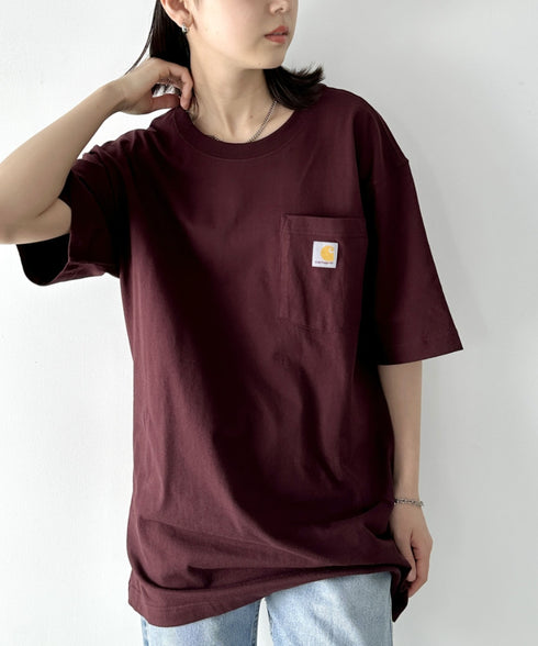 Carhartt(カーハート) /USA規格 ヘビーウェイト ルーズフィット ポケT ビッグサイズ オーバーサイズ ユニセックス ポケット付き コットン 半袖 Tシャツ 5部袖 1/2スリーブ | L2202001 | ワインレッド