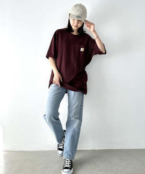 Carhartt(カーハート) /USA規格 ヘビーウェイト ルーズフィット ポケT ビッグサイズ オーバーサイズ ユニセックス ポケット付き コットン 半袖 Tシャツ 5部袖 1/2スリーブ | L2202001 | ワインレッド