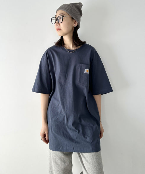 Carhartt(カーハート) /USA規格 ヘビーウェイト ルーズフィット ポケT ビッグサイズ オーバーサイズ ユニセックス ポケット付き コットン 半袖 Tシャツ 5部袖 1/2スリーブ | L2202001 | ブルー