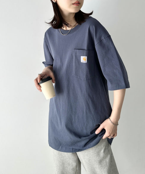Carhartt(カーハート) /USA規格 ヘビーウェイト ルーズフィット ポケT ビッグサイズ オーバーサイズ ユニセックス ポケット付き コットン 半袖 Tシャツ 5部袖 1/2スリーブ | L2202001 | ブルー