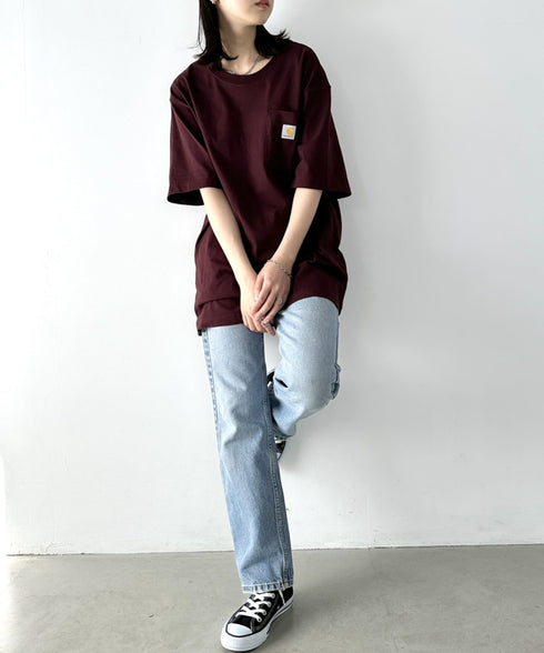 Carhartt(カーハート) /USA規格 ヘビーウェイト ルーズフィット ポケT ビッグサイズ オーバーサイズ ユニセックス ポケット付き コットン 半袖 Tシャツ 5部袖 1/2スリーブ | L2202001 | ワインレッド