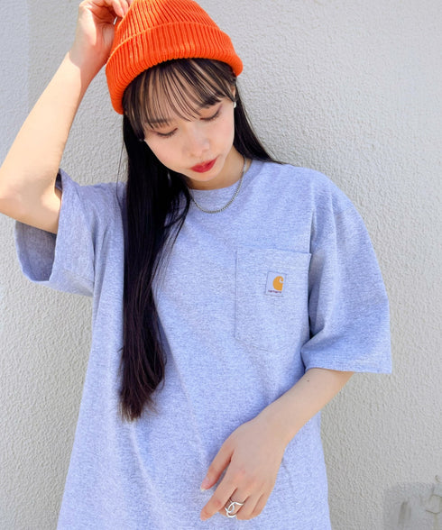 Carhartt(カーハート) /USA規格 ヘビーウェイト ルーズフィット ポケT ビッグサイズ オーバーサイズ ユニセックス ポケット付き コットン 半袖 Tシャツ 5部袖 1/2スリーブ | L2202001 | グレー