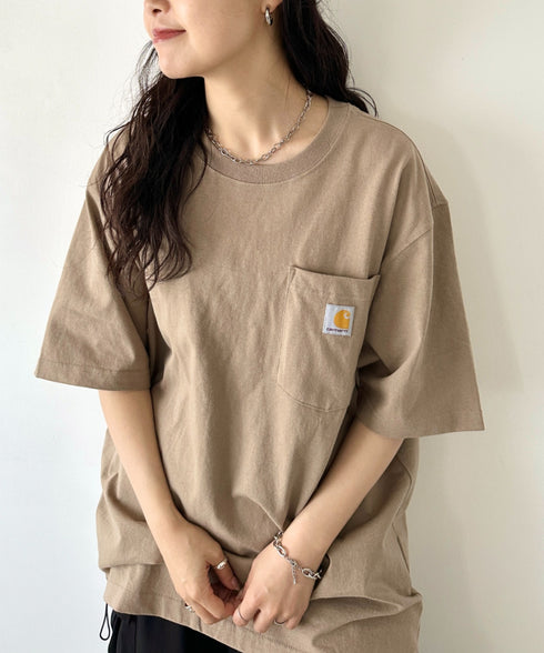 Carhartt(カーハート) /USA規格 ヘビーウェイト ルーズフィット ポケT ビッグサイズ オーバーサイズ ユニセックス ポケット付き コットン 半袖 Tシャツ 5部袖 1/2スリーブ | L2202001 | ベージュ