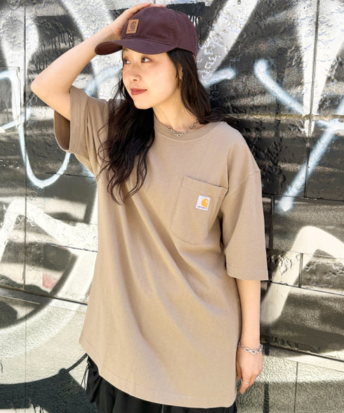 Carhartt(カーハート) /USA規格 ヘビーウェイト ルーズフィット ポケT ビッグサイズ オーバーサイズ ユニセックス ポケット付き コットン 半袖 Tシャツ 5部袖 1/2スリーブ | L2202001 | ベージュ