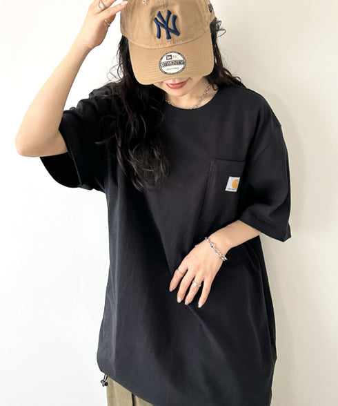 Carhartt(カーハート) /USA規格 ヘビーウェイト ルーズフィット ポケT ビッグサイズ オーバーサイズ ユニセックス ポケット付き コットン 半袖 Tシャツ 5部袖 1/2スリーブ | L2202001 | ブラック