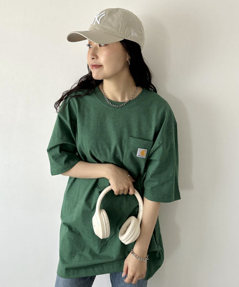 Carhartt(カーハート) /USA規格 ヘビーウェイト ルーズフィット ポケT ビッグサイズ オーバーサイズ ユニセックス ポケット付き コットン 半袖 Tシャツ 5部袖 1/2スリーブ | L2202001 | グリーン