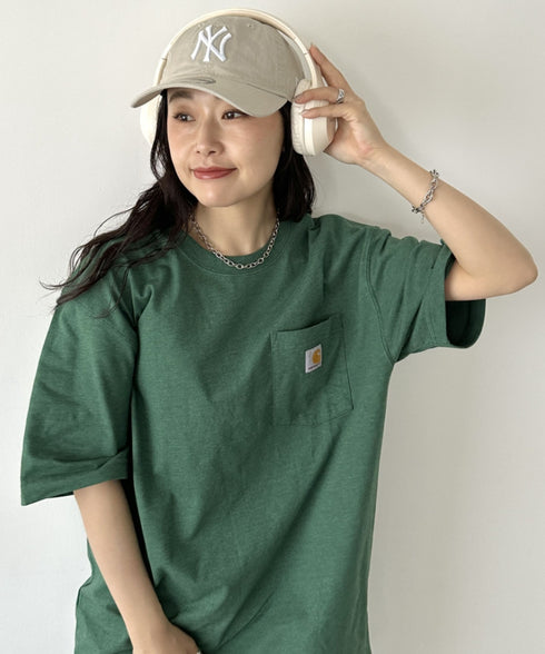 Carhartt(カーハート) /USA規格 ヘビーウェイト ルーズフィット ポケT ビッグサイズ オーバーサイズ ユニセックス ポケット付き コットン 半袖 Tシャツ 5部袖 1/2スリーブ | L2202001 | グリーン