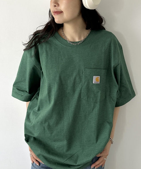 Carhartt(カーハート) /USA規格 ヘビーウェイト ルーズフィット ポケT ビッグサイズ オーバーサイズ ユニセックス ポケット付き コットン 半袖 Tシャツ 5部袖 1/2スリーブ | L2202001 | グリーン