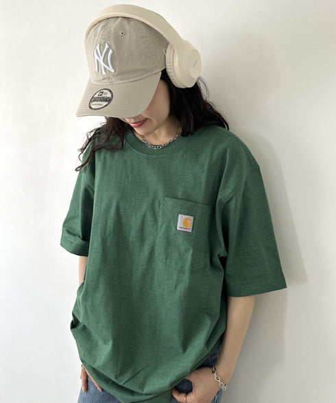 Carhartt(カーハート) /USA規格 ヘビーウェイト ルーズフィット ポケT ビッグサイズ オーバーサイズ ユニセックス ポケット付き コットン 半袖 Tシャツ 5部袖 1/2スリーブ | L2202001 | グリーン